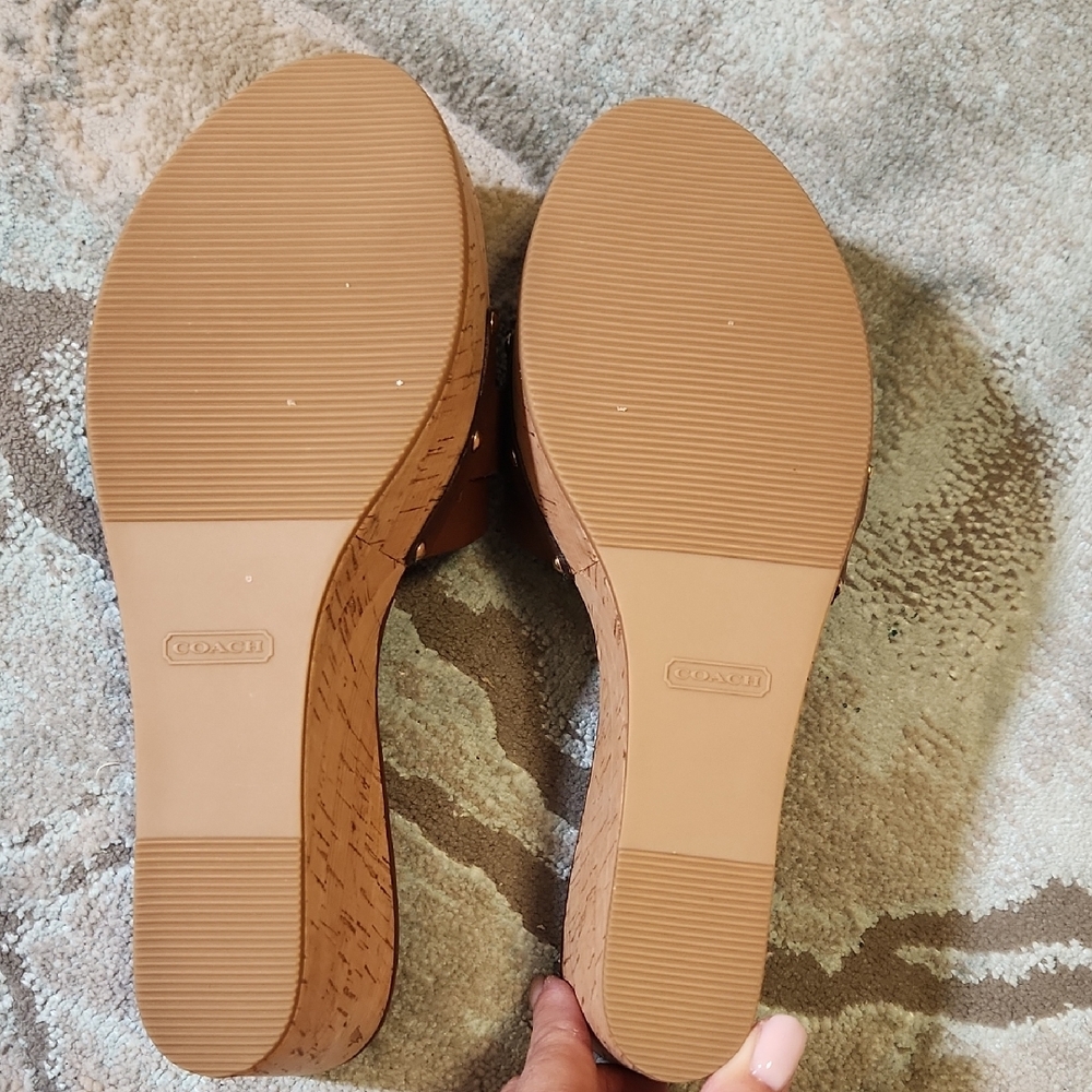 Coach Brown Leather Logo Cork Wedge Slide Sandals with Gold Hardware - Picture 6 of 10